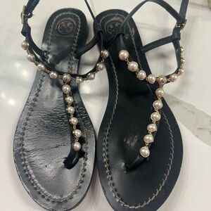 Tory Burch Black and Cream Beaded T-Strap Sandals